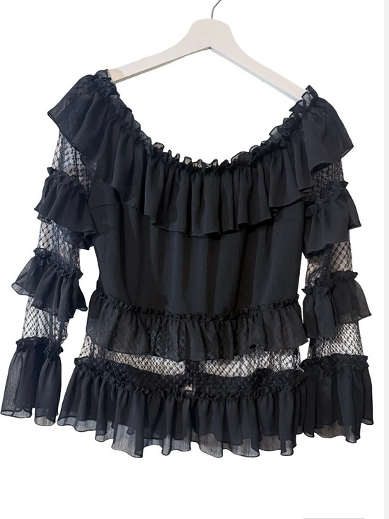 Lulumari Tops - Lulumari Black Ruffle Off-Shoulder Mesh Sleeve Blouse